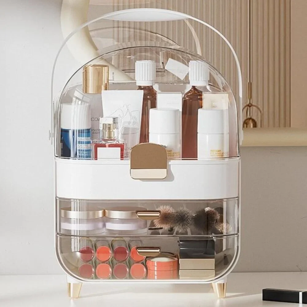 Makeup Organizer for Vanity, Large Skincare Storage with Lid & Drawers - White